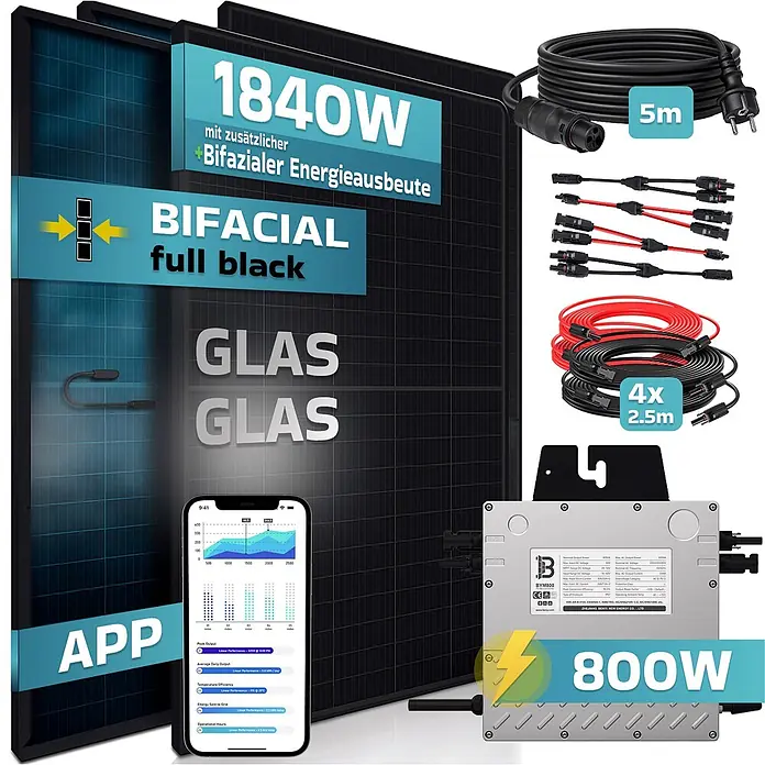 Sunniva Balkonkraftwerk-Set 1840 / 800 Watt mit BENY Wechselrichter - Nennleistung: 800 W, L x B x H: 1.762 x 1.134 x 30 mm - Schwarzes bifaziales Glas-Glas Solarpanel-Kit: 1840W Paneele, 800W Wechselrichter, Kabel. App-Anzeige.
