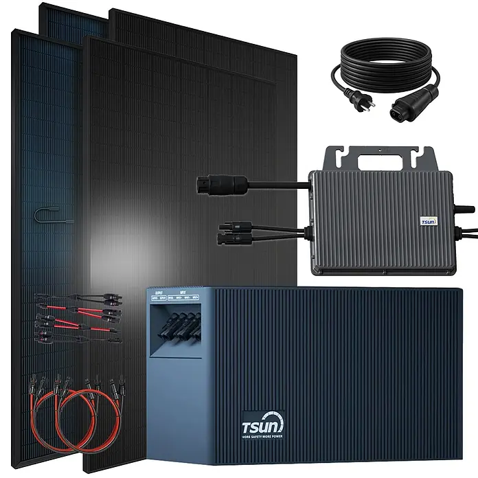 Sunniva Balkonkraftwerk-Set 1840 / 800 Watt mit TSUN DCU2000Lite 2,01 kWh Speicher - Nennleistung: 800 W, L x B x H: 1.762 x 1.134 x 30 mm - Solaranlagen-Kit mit schwarzen Modulen, grauem Mikro-Wechselrichter, blau-grauem Batteriespeicher und Kabeln.