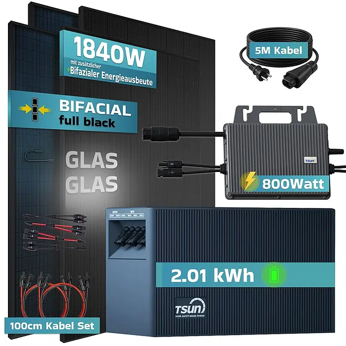 Sunniva Balkonkraftwerk-Set 1840 / 800 Watt mit TSUN DCU2000Lite 2,01 kWh Speicher - Nennleistung: 800 W, L x B x H: 1.762 x 1.134 x 30 mm - Solarstrom-Komplettset mit schwarzen bifazialen Modulen (1840W), 800W Wechselrichter, 2.01 kWh Akku und Kabeln.