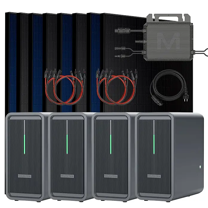 Sunniva Balkonkraftwerk-Set 4000 / 800 Watt mit Marstek 8.96 kWh Speicher - Nennleistung: 800 W, L x B x H: 1.910 x 1.134 x 30 mm - Solarstrom-Kit mit 8 Solarmodulen, Mikro-Wechselrichter, Kabeln und 4 grauen MARSTEK Batteriespeichern mit grünen Lichtern.