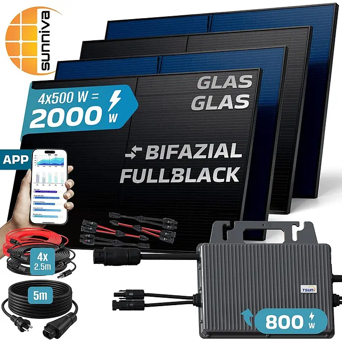 Sunniva Balkonkraftwerk-Set 2000 / 800 Watt mit TSUN Wechselrichter - Nennleistung: 800 W, L x B x H: 1.910 x 1.134 x 30 mm - Set aus 4 schwarzen bifazialen Glas-Glas-Solarmodulen (2000W Gesamtleistung) mit 800W Mikro-Wechselrichter und Kabeln.