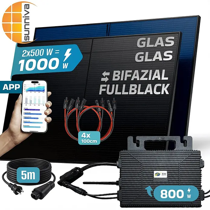 Sunniva Balkonkraftwerk-Set 1000 / 800 Watt mit ASTRO-E Wechselrichter - Nennleistung: 800 W, L x B x H: 1.906 x 1.134 x 30 mm - Schwarzes bifaziales Glas-Glas-Solarpanel-Set (2x500W, gesamt 1000W) mit 800W Wechselrichter, Kabeln und App-Oberfläche auf Smartphone.
