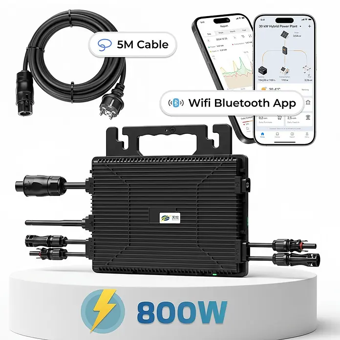 Sunniva Balkonkraftwerk-Set 1000 / 800 Watt mit ASTRO-E Wechselrichter - Nennleistung: 800 W, L x B x H: 1.906 x 1.134 x 30 mm - Schwarz 800W Solar-Mikrowechselrichter mit 5m Kabel, Wifi und Bluetooth App-Konnektivität.