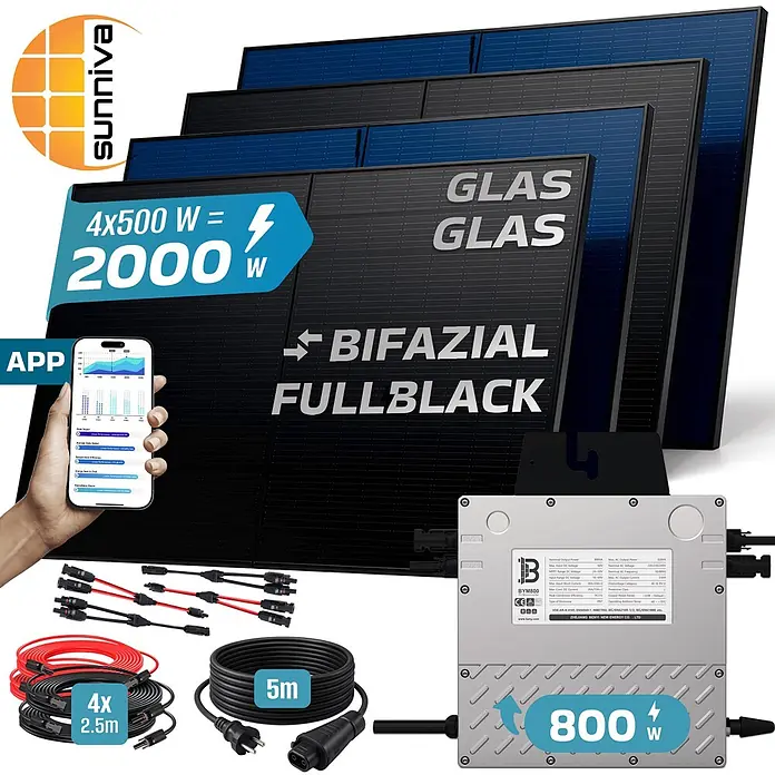 Sunniva Balkonkraftwerk-Set 2000 / 800 Watt mit BENY Wechselrichter - Nennleistung: 800 W, L x B x H: 1.906 x 1.134 x 30 mm - Solarpanel-Set mit vier schwarzen bifazialen Glas-Glas-Modulen (2000W gesamt), einem 800W Mikro-Wechselrichter, Kabeln und App-Anzeige.