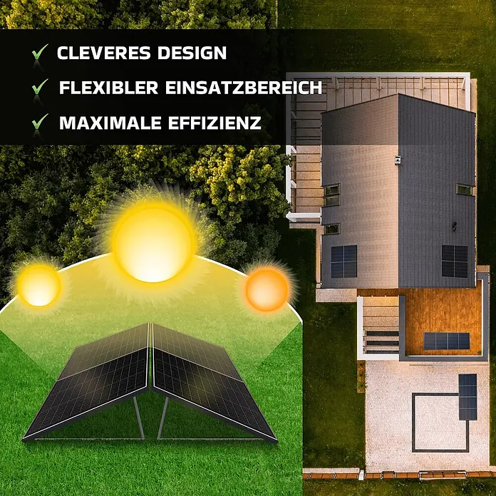 Sunniva Balkonkraftwerk-Set 1000 / 800 Watt mit ECOFLOW Wechselrichter - Nennleistung: 800 W, L x B x H: 1.906 x 1.134 x 30 mm - Schwarze Solarmodule auf einem Hausdach und freistehend auf einer Wiese, zeigen flexible Anwendung und effiziente Energieerzeugung durch die Sonne.