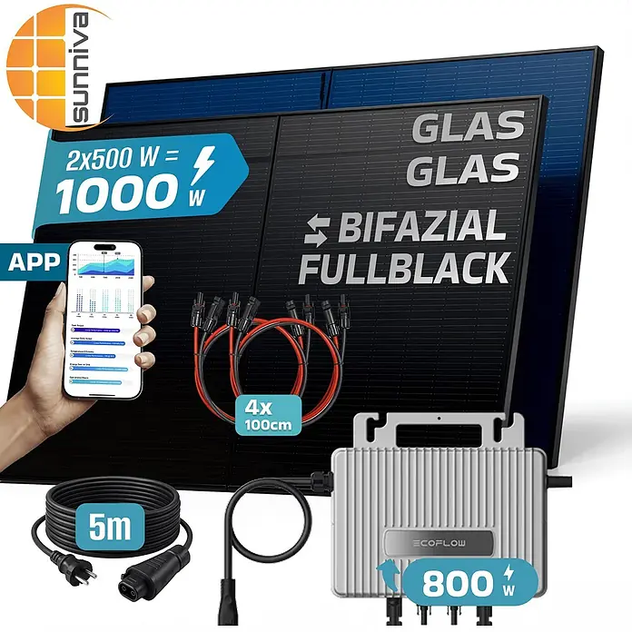 Sunniva Balkonkraftwerk-Set 1000 / 800 Watt mit ECOFLOW Wechselrichter - Nennleistung: 800 W, L x B x H: 1.906 x 1.134 x 30 mm - Sunniva Solar-Kit: Zwei 500W Full-Black Bifazial Glas-Glas Panele, 800W Ecoflow Wechselrichter, Kabel und App-Anzeige.