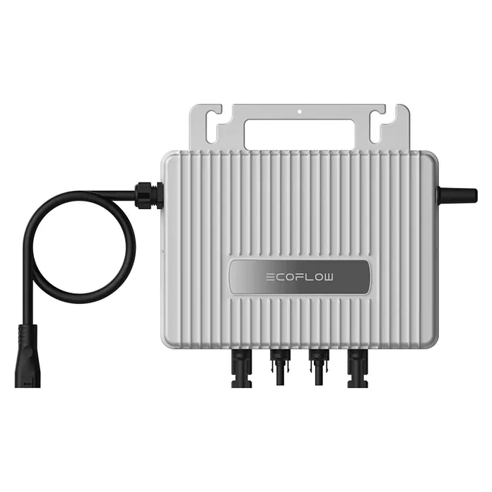 Sunniva Balkonkraftwerk-Set 1000 / 800 Watt mit ECOFLOW Wechselrichter - Nennleistung: 800 W, L x B x H: 1.906 x 1.134 x 30 mm - Hellgrauer gerippter Ecoflow Mikro-Wechselrichter mit schwarzem Kabel links und schwarzen Anschlüssen unten.