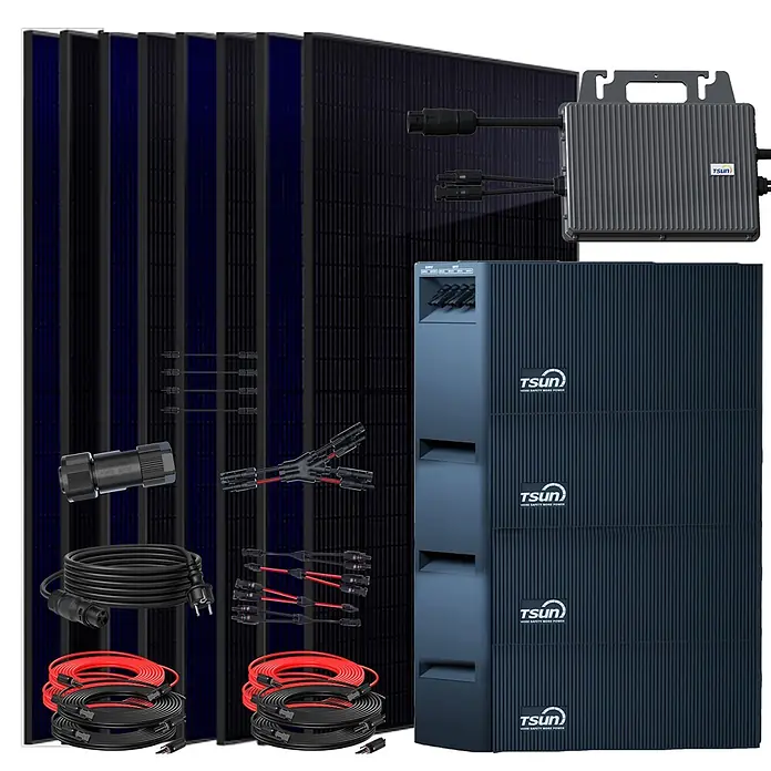Sunniva Balkonkraftwerk-Set 4000 / 800 Watt mit TSUN DCU2000Lite 8,04 kWh Speicher - Nennleistung: 800 W, L x B x H: 1.910 x 1.134 x 30 mm - Solaranlagen-Kit mit schwarzen Panelen, TSUN-Wechselrichter, drei gestapelten Speichereinheiten und diversen Kabeln und Steckverbindern.