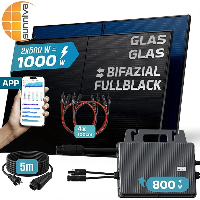 Sunniva Balkonkraftwerk-Set 1000 / 800 Watt mit TSUN Wechselrichter - Nennleistung: 800 W, L x B x H: 1.906 x 1.134 x 30 mm - Solaranlage mit zwei schwarzen bifazialen Glas-Glas-Modulen (1000W), 800W Wechselrichter, Kabeln und einer Überwachungs-App.