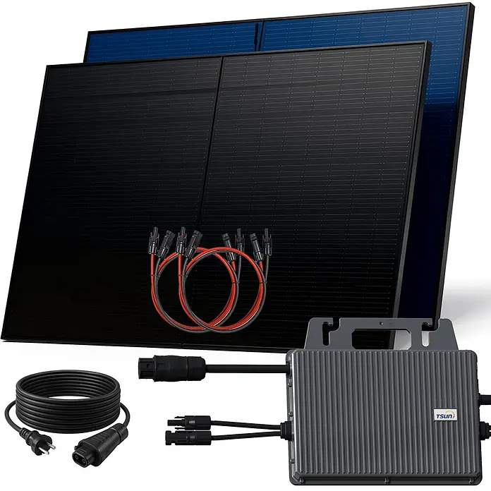 Sunniva Balkonkraftwerk-Set 1000 / 800 Watt mit TSUN Wechselrichter - Nennleistung: 800 W, L x B x H: 1.906 x 1.134 x 30 mm - Solarpanel-Kit: schwarze und blaue Solarpaneele, Mikro-Wechselrichter und verschiedene Anschlusskabel.