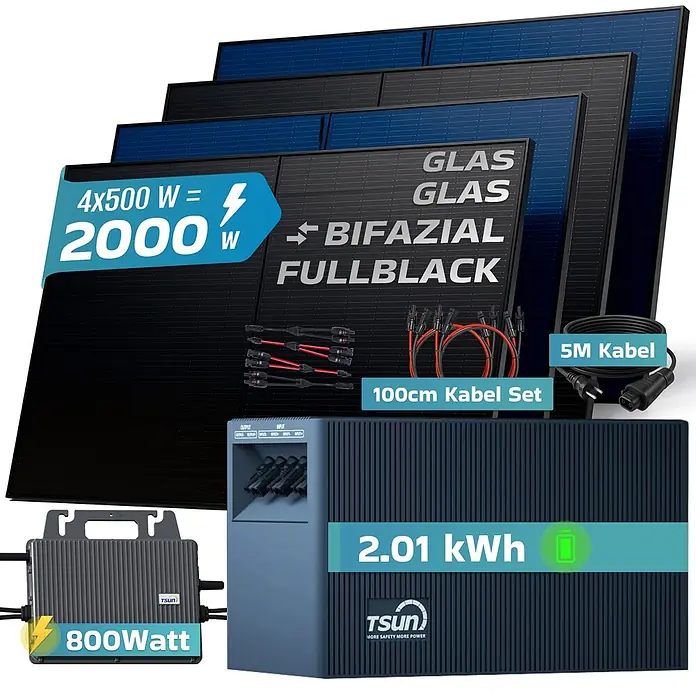 Sunniva Balkonkraftwerk-Set 2000 / 800 Watt mit TSUN DCU2000Lite 2,01 kWh Speicher - Nennleistung: 800 W, L x B x H: 1.910 x 1.134 x 30 mm - Komplettes Balkonkraftwerk mit 4 schwarzen bifazialen Solarmodulen (2000W), 800W Wechselrichter, 2.01 kWh Speicher und Kabeln.