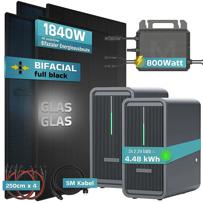 Sunniva Balkonkraftwerk-Set 1840 / 800 Watt mit Marstek 4.48 kWh Speicher - Nennleistung: 800 W, L x B x H: 1.762 x 1.134 x 30 mm - Solar-Komplettset: drei 1840W schwarze bifaziale Glas-Glas-Solarmodule, 800W Wechselrichter, zwei 2.24 kWh Speicher (insgesamt 4.48 kWh), Kabel.