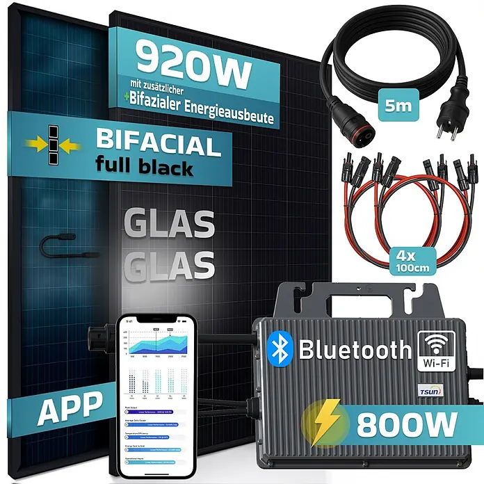 Sunniva Balkonkraftwerk-Set 920 / 800 Watt mit TSUN Wechselrichter - Nennleistung: 800 W, L x B x H: 1.762 x 1.134 x 30 mm - Schwarze bifaziale Glas-Glas-Solarmodule (920W), 800W Wechselrichter mit Bluetooth/Wi-Fi, Überwachungs-App und Anschlusskabeln (5m Strom, 4x 100cm MC4).