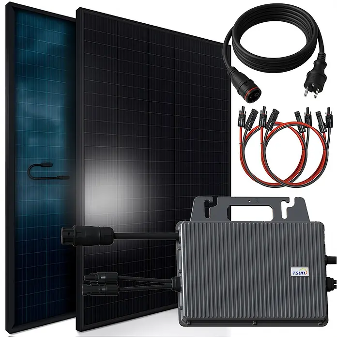 Sunniva Balkonkraftwerk-Set 920 / 800 Watt mit TSUN Wechselrichter - Nennleistung: 800 W, L x B x H: 1.762 x 1.134 x 30 mm - Solarmodul-Set mit zwei schwarzen Solarmodulen, grauem Mikrowechselrichter, Netzkabel und MC4-Steckern für Balkonkraftwerke.
