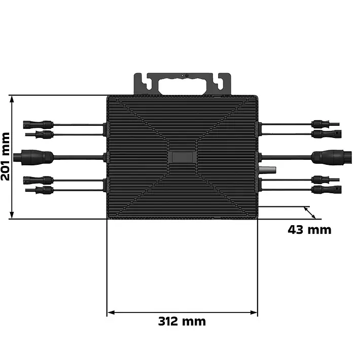 Sunniva Balkonkraftwerk-Set 2000 / 1600 Watt mit ASTRO-E Wechselrichter - Nennleistung: 1.600 W, L x B x H: 1.906 x 1.134 x 30 mm - Schwarzer rechteckiger Mikro-Wechselrichter mit Kabeln und Maßen 201x312x43 mm.