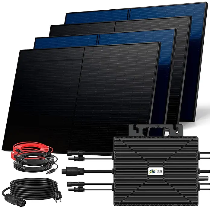 Sunniva Balkonkraftwerk-Set 2000 / 1600 Watt mit ASTRO-E Wechselrichter - Nennleistung: 1.600 W, L x B x H: 1.906 x 1.134 x 30 mm - Solaranlagen-Kit mit schwarzen und blauen Photovoltaik-Modulen, einem schwarzen Mikro-Wechselrichter und roten/schwarzen Kabeln.