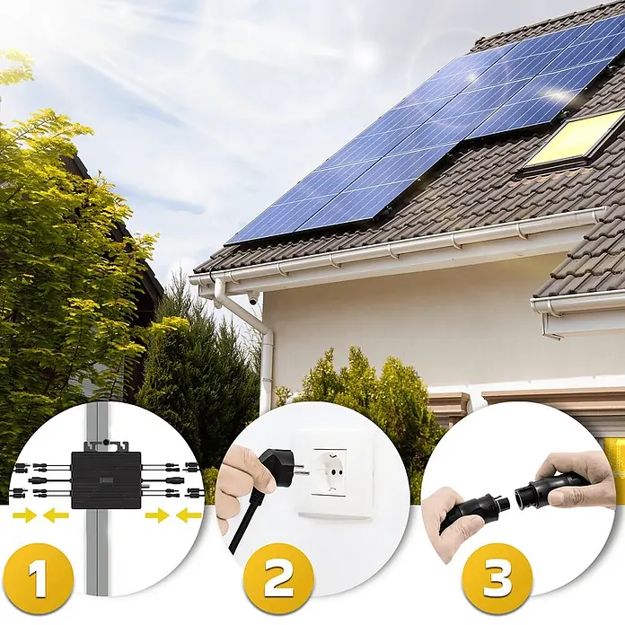Sunniva Balkonkraftwerk-Set 2000 / 1600 Watt mit ASTRO-E Wechselrichter - Nennleistung: 1.600 W, L x B x H: 1.906 x 1.134 x 30 mm - Solaranlagen-Aufbau an einem Haus mit Schritt-für-Schritt-Anleitung: Kabelverteiler, Steckdose, Kabelverbinder-Montage.