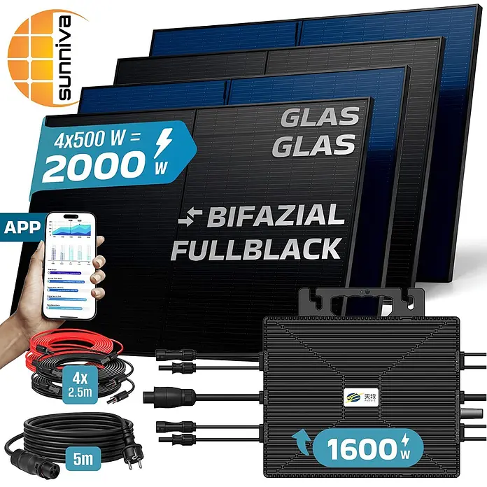Sunniva Balkonkraftwerk-Set 2000 / 1600 Watt mit ASTRO-E Wechselrichter - Nennleistung: 1.600 W, L x B x H: 1.906 x 1.134 x 30 mm - Sunniva Solarkit: vier schwarze bifaziale Glas-Glas-Solarmodule (2000W), Astro-E Wechselrichter (1600W), Überwachungs-App & Kabel.