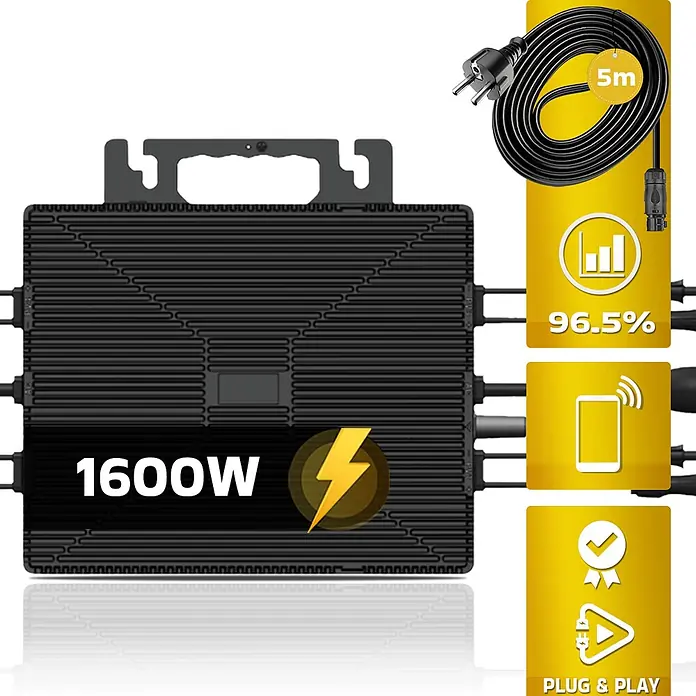 Sunniva Balkonkraftwerk-Set 2000 / 1600 Watt mit ASTRO-E Wechselrichter - Nennleistung: 1.600 W, L x B x H: 1.906 x 1.134 x 30 mm - Schwarzer 1600W Solar-Mikrowechselrichter mit 5m Kabel, 96,5% Effizienz, drahtloser Überwachung und Plug & Play-Funktion.