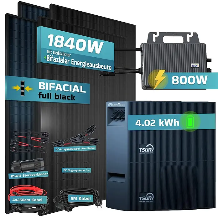 Sunniva Balkonkraftwerk-Set 1840 / 800 Watt mit TSUN DCU2000Lite 4,02 kWh Speicher - Nennleistung: 800 W, L x B x H: 1.762 x 1.134 x 30 mm - Solaranlagen-Komplettset mit schwarzen Bifazial-Solarmodulen (1840W), einem 800W Mikro-Wechselrichter, 4.02 kWh Batteriespeicher und Zubehörkabeln.