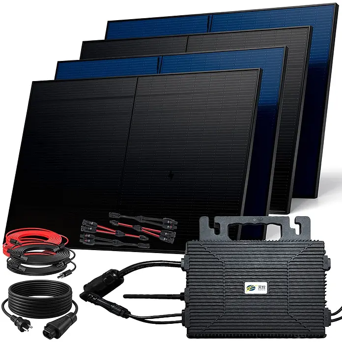 Sunniva Balkonkraftwerk-Set 2000 / 800 Watt mit ASTRO-E Wechselrichter - Nennleistung: 800 W, L x B x H: 1.906 x 1.134 x 30 mm - Solarmodul-Set mit schwarzen und blauen Modulen, roten und schwarzen Kabeln und einem schwarzen Mikrowechselrichter.