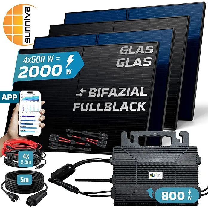 Sunniva Balkonkraftwerk-Set 2000 / 800 Watt mit ASTRO-E Wechselrichter - Nennleistung: 800 W, L x B x H: 1.906 x 1.134 x 30 mm - Solarpanel-Set mit 4 bifazialen Glas-Glas FullBlack Solarmodulen (2000W gesamt), 800W Wechselrichter, Kabeln und Monitoring-App.