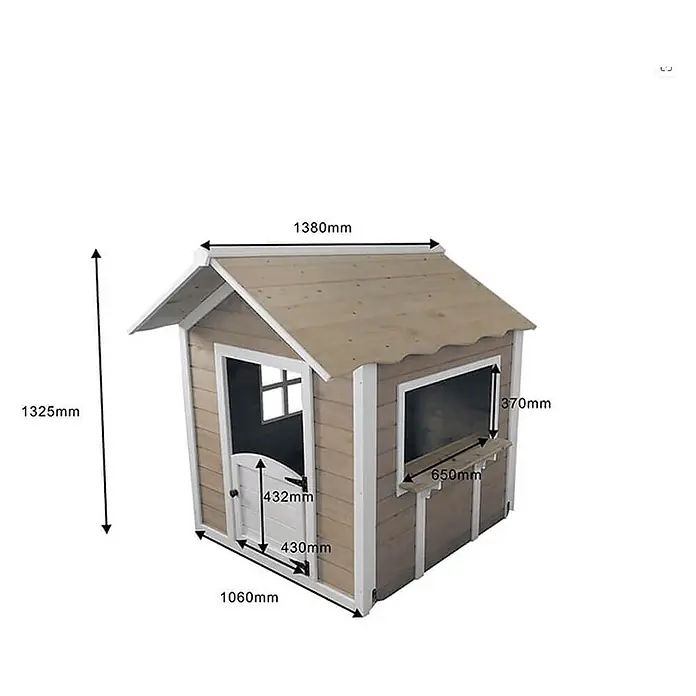 Home Deluxe Spielhaus DER GROSSE PALAST - L x B x H: 111 x 118,2 x 132,5 cm, Holz, Natur - Hellbraunes Holzspielhaus für Kinder mit weißer Zierleiste, Tür, Fenster mit Ablage und detaillierten Maßangaben.