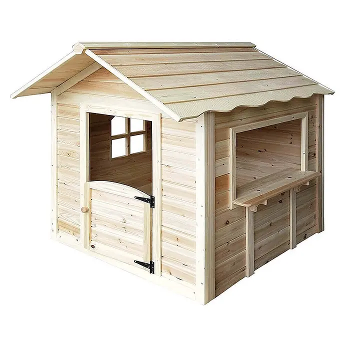Home Deluxe Spielhaus DER GROSSE PALAST - L x B x H: 111 x 118,2 x 132,5 cm, Holz, Natur - Kinderspielhaus aus Naturholz mit Bogentür, Sprossenfenster, seitlicher Theke und gewelltem Dachrand.