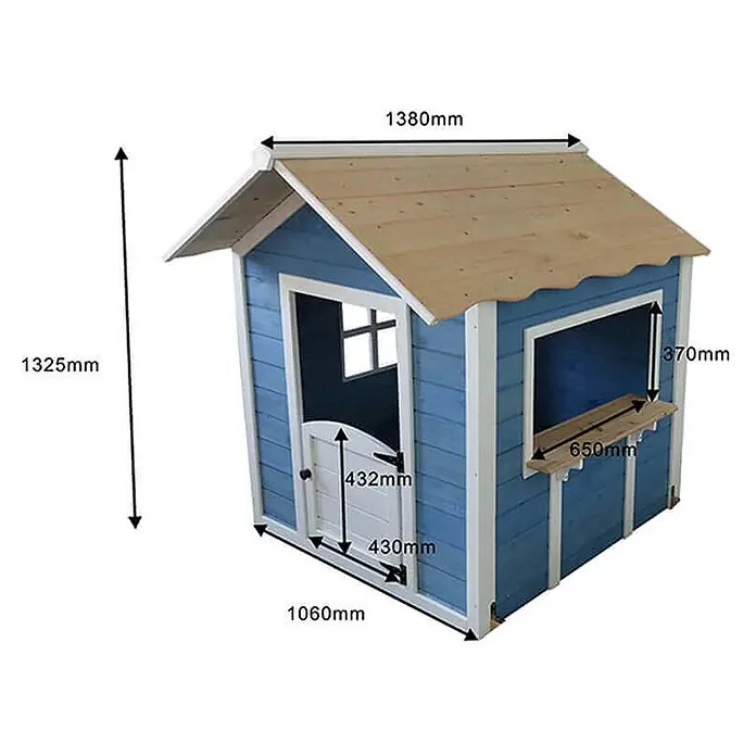 Home Deluxe Spielhaus DER GROSSE PALAST - L x B x H: 111 x 118,2 x 132,5 cm, Holz, Blau - Blaues Holzspielhaus mit Naturholzdach und weißem Rahmen, Tür und Fenster, Maße angezeigt.
