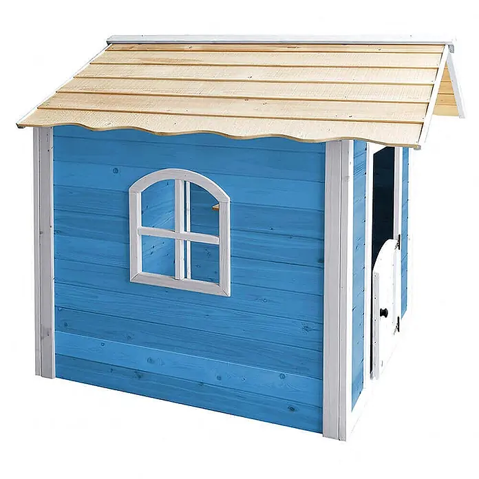 Home Deluxe Spielhaus DER GROSSE PALAST - L x B x H: 111 x 118,2 x 132,5 cm, Holz, Blau - Blaues Holzspielhaus mit Naturholzdach, weißem Fenster und Tür.