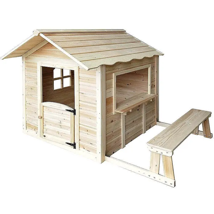 Home Deluxe Spielhaus DER GROSSE PALAST mit Bank - L x B x H: 111 x 118,2 x 132,5 cm, Holz, Natur - Naturholz-Kinderspielhaus mit Fenster, Verkaufstheke und angebauter Picknickbank.