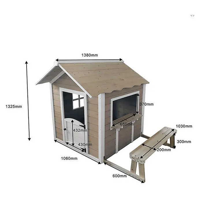 Home Deluxe Spielhaus DER GROSSE PALAST mit Bank - L x B x H: 111 x 118,2 x 132,5 cm, Holz, Natur - Hölzernes Spielhaus in Naturholzoptik mit Seitenfenster, Tür und angebauter Bank. Maße sind angegeben.