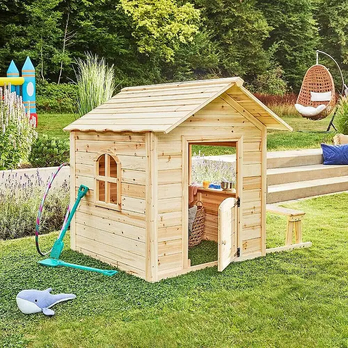 Home Deluxe Spielhaus DER GROSSE PALAST mit Bank - L x B x H: 111 x 118,2 x 132,5 cm, Holz, Natur - Ein Spielhaus aus Naturholz für Kinder mit kleiner Tür, Bogenfenster und Schrägdach.