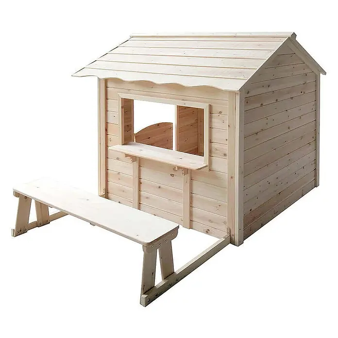 Home Deluxe Spielhaus DER GROSSE PALAST mit Bank - L x B x H: 111 x 118,2 x 132,5 cm, Holz, Natur - Helles Holzspielhaus mit Giebeldach, Verkaufsfenster und angebauter langer Bank.