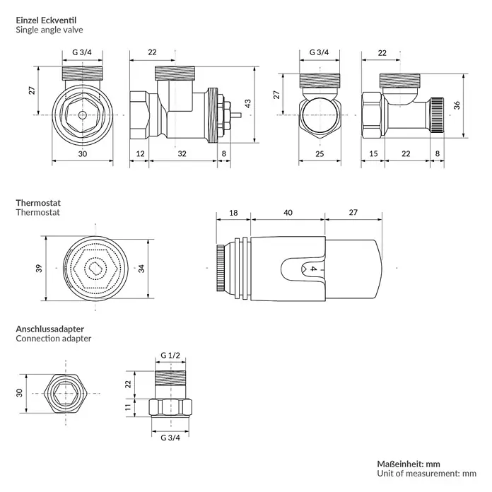 LuxeBath Badheizkörper - B x H: 3 x 120 mm, Weiß - Technische Zeichnungen eines Eckventils, Thermostats und G 1/2 zu G 3/4 Anschlussadapters für Sanitärinstallationen.