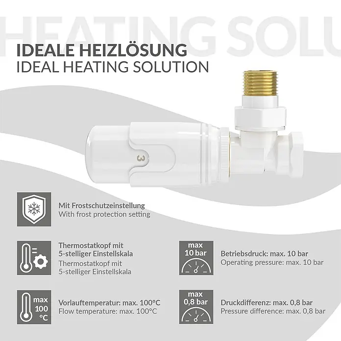 LuxeBath Badheizkörper - B x H: 3 x 120 mm, Weiß - Weißes Thermostatventil für Heizkörper mit goldfarbenem Anschlussgewinde.