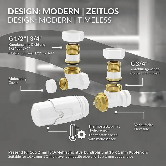 LuxeBath Badheizkörper - B x H: 3 x 120 mm, Weiß - Weißes und goldenes Thermostatventil mit Hydrosensor, zerlegt zur Darstellung der Bauteile und Anschlüsse (G 1/2", G 3/4").