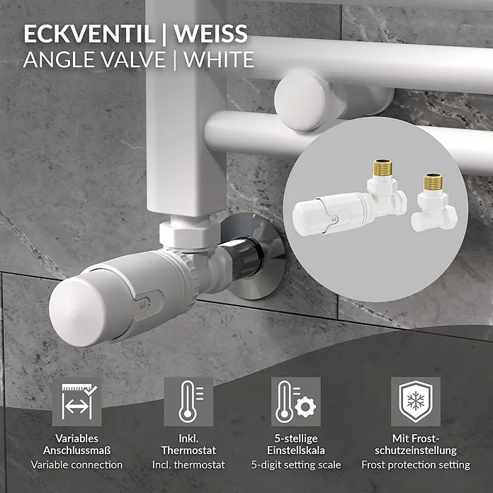 LuxeBath Badheizkörper - B x H: 3 x 120 mm, Weiß - Weißes Eckventil für Heizkörper mit Thermostat und Frostschutz.
