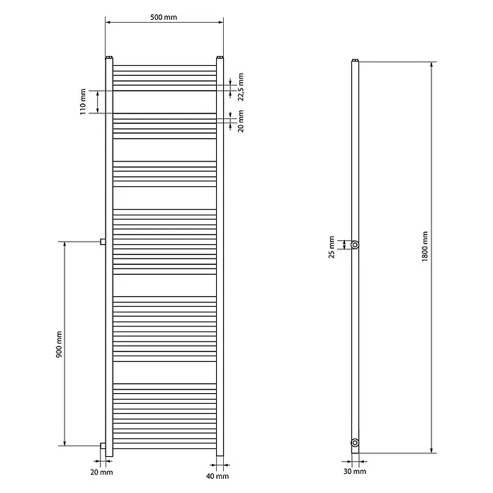 LuxeBath Badheizkörper Handtuchwärmer 500x1800 mm Weiß gerade Nabenabstand 900 mm - B x H: 3 x 180 mm, Weiß - Weißer Handtuchwärmer im Leiterdesign, 1800 mm hoch und 500 mm breit, mit detaillierten Maßen.