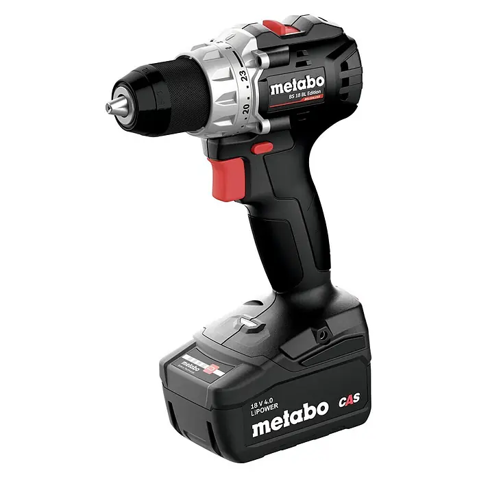 Metabo CAS 18V Akku-Bohrschrauber BS 18 Black Edition - 18 V, 1 Akku, 4 Ah, 60 Nm - Metabo BS 18 BL Edition Akku-Bohrschrauber, schwarz-silber mit roten Akzenten und 18V Li-Power Akku.