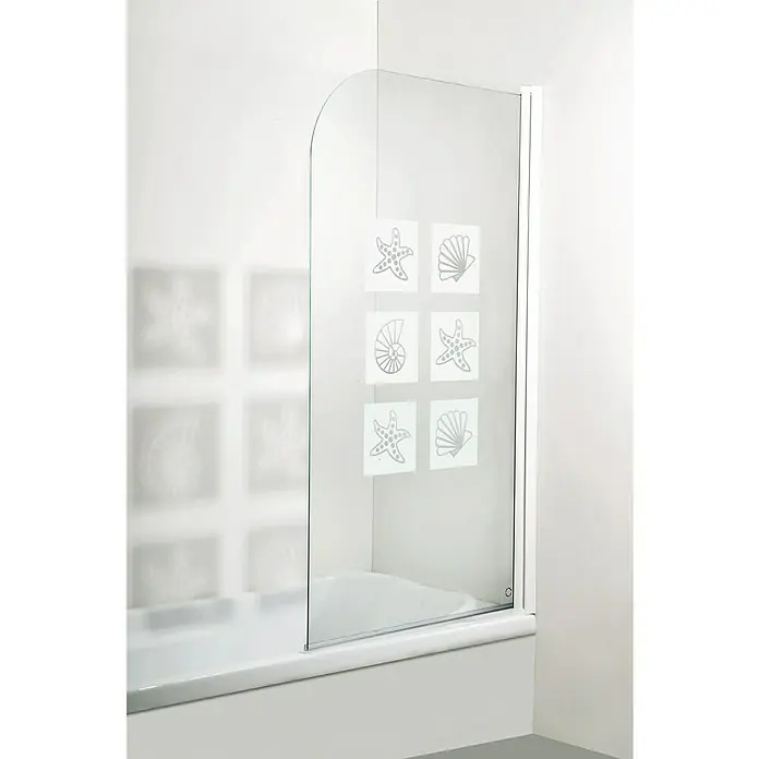 Mampara para bañera Marino - An x Al: 80 x 140 cm, 1 ud., Blanco - Una mampara de ducha con motivos marinos sobre una bañera. La mampara de ducha es clara y tiene un diseño redondeado.
