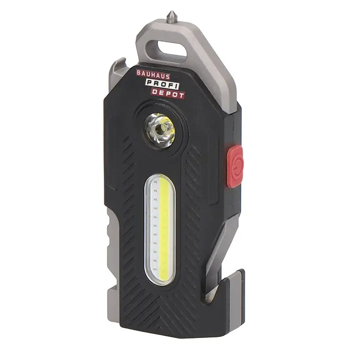 Profi Depot Linterna - A batería, 400 lm, IP44 - Linterna multiherramienta negra y gris con rompecristales, cortacinturones, dos luces LED y asa de mosquetón.