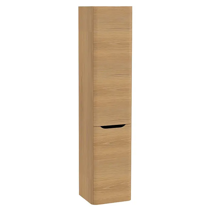 VitrA Hochschrank Integra Round - B x T x H: 40 x 37 x 180 cm, Eiche Gold, DIN Anschlag: Links, Inklusive 3 Glasböden und Wäscheklappe - Hoher Schrank aus hellem Holz mit Maserung und gebogenem Griffausschnitt an der unteren Schublade.