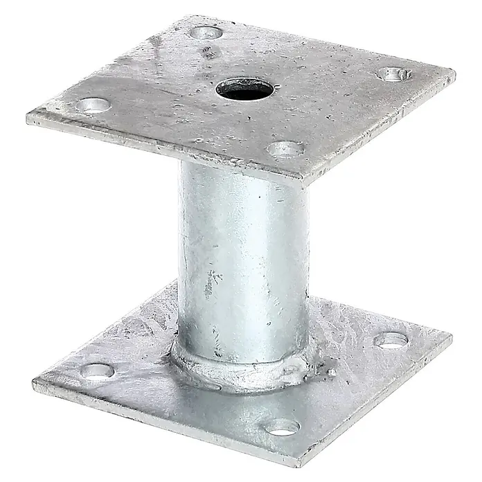 Alberts Pfostenträger - Stahl, B x L: 100 x 100 mm - Pfostenträger aus verzinktem Stahl mit quadratischen Platten und zylindrischer Säule, mit vorgebohrten Löchern zur sicheren Befestigung.