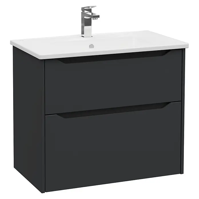 VitrA Integra Square Badmöbel-Set - Gesamtbreite Badmöbel: 80 cm, Graphit, Matt - Dunkelgrauer Badunterschrank mit weißem Waschbecken und Chromarmatur, mit zwei Schubladen.