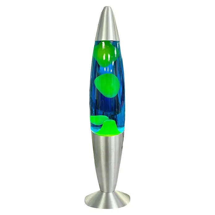 Lavalampe - 6,2 x 6,2 x 34 cm, Blau/ Gelb, LED - Silberne Lavalampe mit blauer Flüssigkeit und fließenden grünen Wachskugeln.