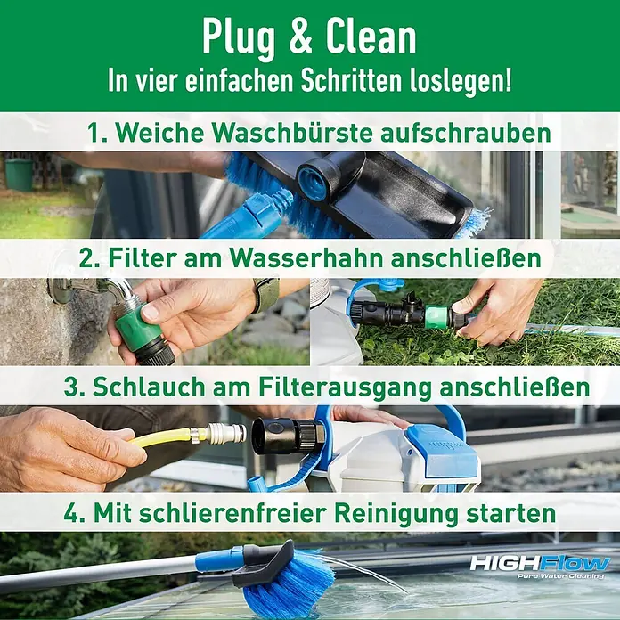 Unger HighFlow Reinigungs-Set Reinwasser 1,2m - 3 -tlg. - Vierschritt-Anleitung für HIGHFlow Reinwasser-Reinigungssystem, zeigt Montage von blauer Bürste, Filter und Schläuchen für schlierenfreie Reinigung.