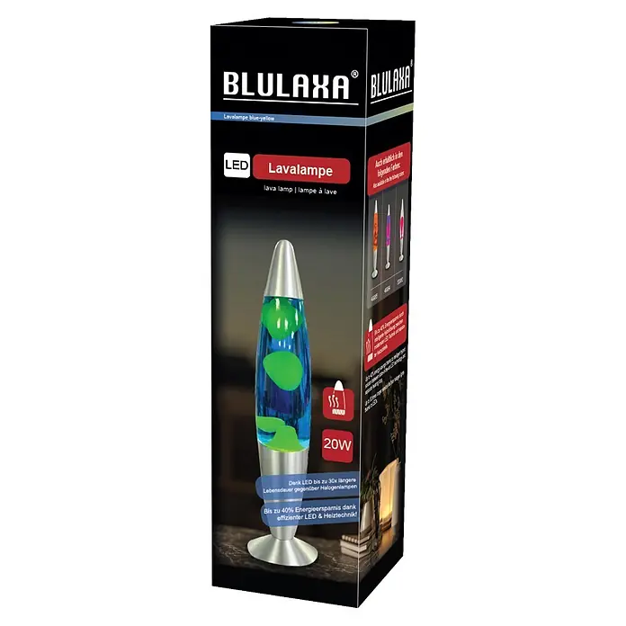 Lavalampe - 6,2 x 6,2 x 34 cm, Blau/ Gelb, LED - Schwarze BLULAXA LED-Lavalampe-Verpackung mit einer 20W Lampe (grünes Wachs, blaue Flüssigkeit) und Angabe weiterer Farboptionen.