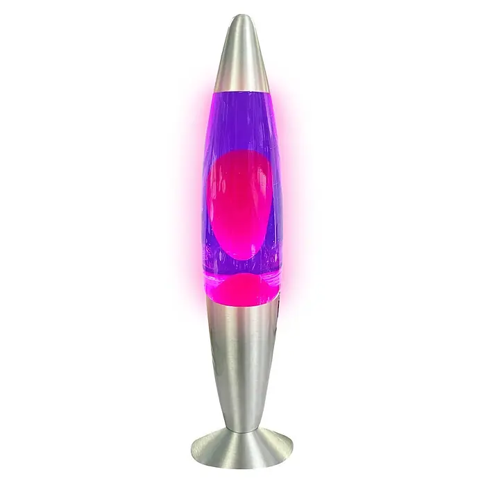 Lavalampe - 6,2 x 6,2 x 34 cm, Lila/ Pink, LED - Silberne Lavalampe mit lila Flüssigkeit und rosa Wachsklumpen.