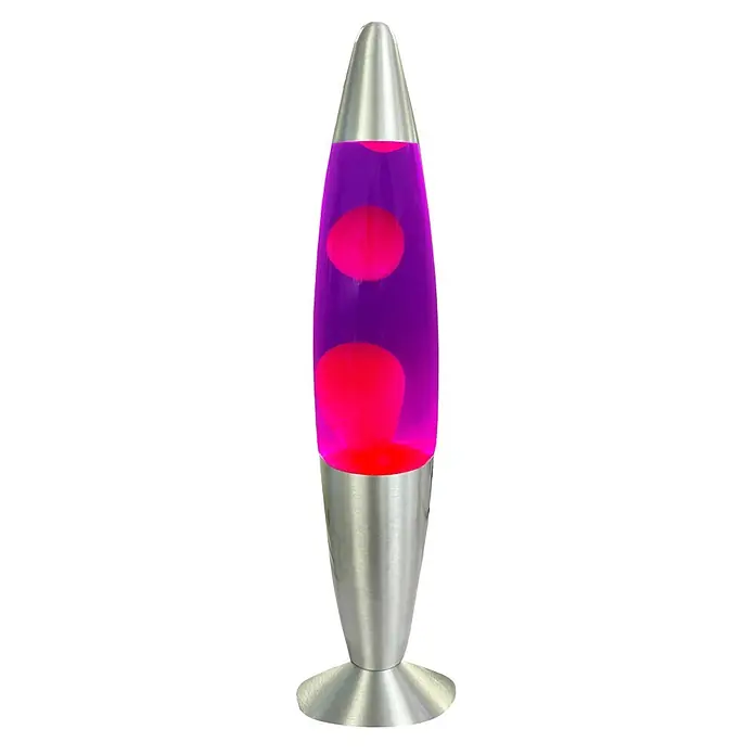 Lavalampe - 6,2 x 6,2 x 34 cm, Lila/ Pink, LED - Eine klassische Lavalampe mit gebürstetem Silberfuß und Kappe, mit lebhafter violetter Flüssigkeit und fließenden roten Wachstropfen.
